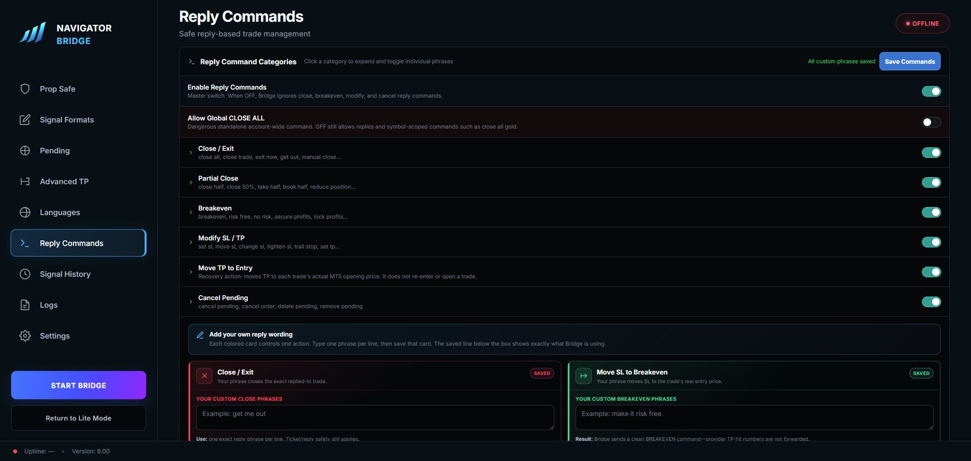 Current Bridge 8.00 Reply Commands settings